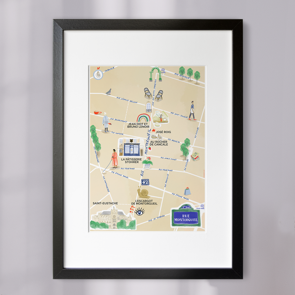 Rue Montorgueil, Paris — Illustrated Street Map Art Print (A4)