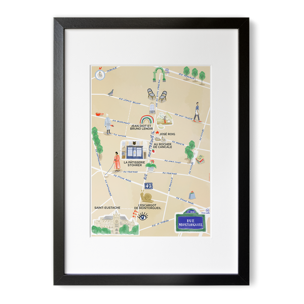 Rue Montorgueil, Paris — Illustrated Street Map Art Print (A4)