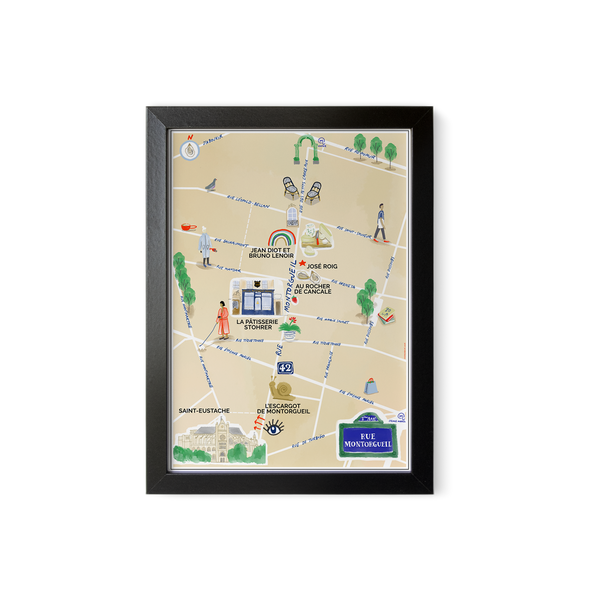 Rue Montorgueil, Paris — Illustrated Street Map Art Print (A4)