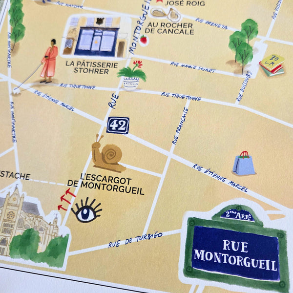 Rue Montorgueil, Paris — Illustrated Street Map Art Print (A4)