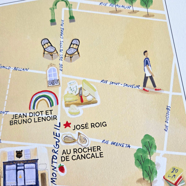 Rue Montorgueil, Paris — Illustrated Street Map Art Print (A4)