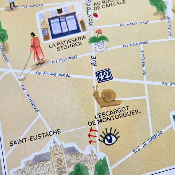 Rue Montorgueil, Paris — Illustrated Street Map Art Print (A4)