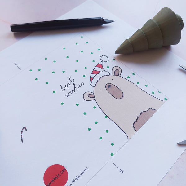 Printable Seasonal Greetings - Merry Christmas Bear - Instant Download